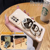 Chenyyka ปลอกสำหรับ Infinix Note8 Note 8 Note 8i เคสกรณีแฟชั่นแฮปปี้โดราเอมอนส์ยืนได้โครเมี่ยมสุดหรูชุบสีทึบเคสโทรศัพท์ TPU สี่เหลี่ยมเนื้อนิ่มคลุมทั้งหมดเคสกันกระแทกกล้อง