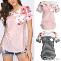 ❍ Mulheres verão Camisas de Maternidade Gravidez Manga Curta Faixa Floral T-shirt Superior Enfermagem Para A Amamentação для кормления