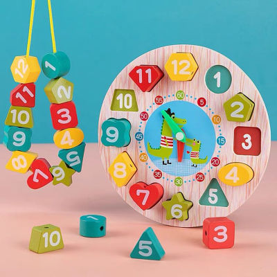 Montessori Education Wooden Beads and Clock Jigsaw Puzzle Gadgets Childrens Educational Toys for Understanding Numbers and Anim