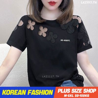 Plus size เสื้อผ้าสาวอวบ❤ เสื้อยืดสาวอวบอ้วน ไซส์ใหญ่ ผู้หญิง แขนสั้น ทรงหลวม คอกลม สีดำ ฤดูร้อน สไตล์เกาหลีแฟชั่น V728