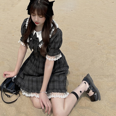Black Plaid Harajuku Kawaii Mini Lolita Dress Japanese Preppy Style Emo Dresses Dark Academia Fairy Grunge Alternative Clothes