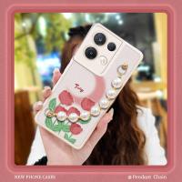 Skin-friendly feel Liquid silicone shell Phone Case For OPPO Reno8 Pro 5G for girl Solid color pearl bracelet Cartoon