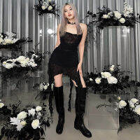 Street Rock เซ็กซี่ไม่สม่ำเสมอชุดหญิง Goth สีดำคอ Strapped กับ Lotus Leaf Strap Dress ไนท์คลับสะโพก Skirt