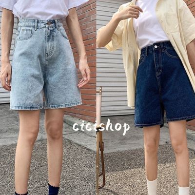 Cicishop(0567)กางเกงยีนส์ทรงกระบอกสามส่วน เอวสูง เก็บทรงสวย สไตล์วินเทจ