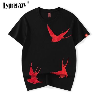 Lyprerazy Mens Summer National Tide Chinese Style Swallow Embroidery Short-sleeved Cotton T-shirt 2022 Niche Design
