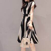 Fashion Women Dress Business Dress With Belt O-Neck Short Sleeve Short Dress Knee Length Skirt Stripe Temperament Office Dress