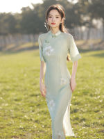 2023ผู้หญิงสีชมพูสีเขียว Cheongsam แขนใหญ่ปรับปรุงฤดูร้อนชุดแต่งงาน Vintage สาวดอกไม้ Qipao S To XXL