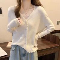 Spring And Summer New Versatile Slimming Long-Sleeved Tops For Women With Fungus V-Neck Knitted Cardigan Coats Large Size Bottoming Shirt