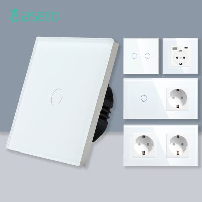 BSEED 1/2/3Gang Light Touch Switch 1Way Sensor Switch Glass Panel USB Type-c Wall Socket EU Standard Blue Backlight 10A White