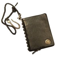 Fashion rivet chain Genuine Leather wallet leather mens wallet short zip around male purse money clips skull money bag Black