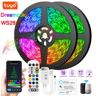 Tuya ไฟแถบไฟ LED อัจฉริยะ WS2811 RGBIC 12V SMD 5050เทปสีฝันยืดหยุ่นบลูทูธ IR ควบคุม WIFI สำหรับ Alexa Google Home Explosive