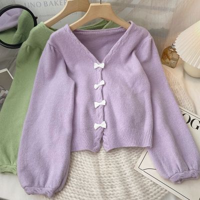 [COD] purple sweater womens 2022 autumn and winter new Korean version of solid sweet all-match fresh knitted cardigan