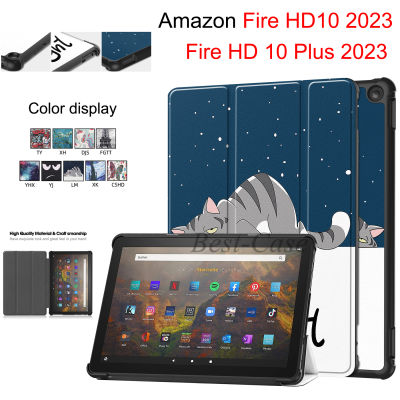 เคสโทรศัพท์พิมพ์ลายสำหรับ Amazon Fire HD 10 HD10บวก2023 PU เคสฝาพับหนังพับสามทบปรับได้เคสมีขาตั้ง Fire HD 10 Plus 10.0 2023