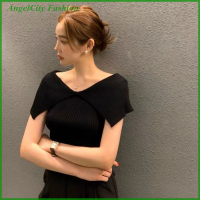 AngelCity เสื้อยืดถักเข้ารูปเปิดไหล่สีทึบของผู้หญิงสไตล์เกาหลีฤดูร้อน