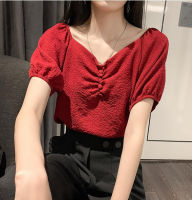 Readystock M-4xl Korean Blouse Chiffon Shirt Short Sleeve Blouse Women Autumn New Fashion Square Collar Solid Color Pleated Elegant Top Korean Blouse Baju Perempuan