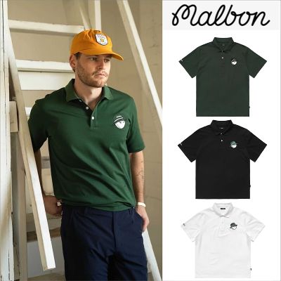 Malbon เสื้อยืดโปโลสีเขียวผู้ชาย,ปกสีทึบกีฬาหลวมแขนสั้นเทรนด์ลำลอง
