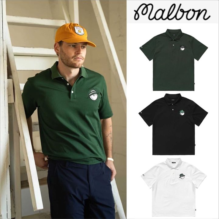 malbon-เสื้อยืดโปโลสีเขียวผู้ชาย-ปกสีทึบกีฬาหลวมแขนสั้นเทรนด์ลำลอง