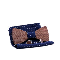 Mens Plaid Wooden Bow Tie Set Striped Wood Bowtie Handkerchief Cufflinks Sets with Wood Box for Men Wedding Gift