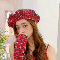 Autumn Fairy Plaid Beret And Sleeve Cover For Women Popular Girl Groups Jellyfish Cap Vintage Red Large Head Circumference Hats