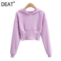 [DEAT] Loose Fit Short Solid Navel Sweatshirt New Hoodies Long Sleeve Women Big Size Fashion Tide Female Autumn 2022 13T451