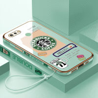 เคสเคสมือถือสำหรับ C2 Realme พร้อมฟรีสายคล้อง + โลโก้ Starbucks แฟชั่นชุบขอบสี่เหลี่ยมฝาหลังนิ่ม