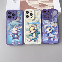 เคสแบบนิ่มที่เป็นซิลิโคนเหลวป้องกันเลนส์สำหรับ IPhone 11 12 13 14 Pro Max XR XS Max 14 Plus เคสโทรศัพท์มือถือแฟชั่นหูฟังการ์ตูนกระต่ายน่ารักกันกระแทก