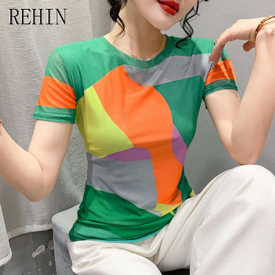 REHIN เสื้อยืดผู้หญิงคอกลมเข้ารูปเข้ารูป,เสื้อเบลาส์แขนลายสั้นผ้าตาข่ายสีเดียวเสื้อฉบับภาษาเกาหลีอินเทรนด์ S-3XL หรูหราฤดูร้อน