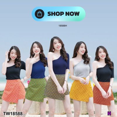 TW18588 Set 2 ชิ้น เสื้อไหล่เดี่ยว แขนสั้น + กางเกงลายไทย