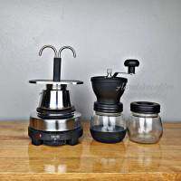 LMS43-Moka pot Fountain 2cup+ เตาไฟฟ้าYQ+ที่บดแบบแก้ว