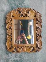 กระจกไม้สักโบราณ แกะสลัก (Carved teak mirror) ลาย ดอกบัวและใบบัว สีไม้ แขวนผนัง รูปทรง สี่เหลี่ยม (ส่งพร้อมกระจก) ขนาด กว้าง40xหนา2xสูง50 cm.