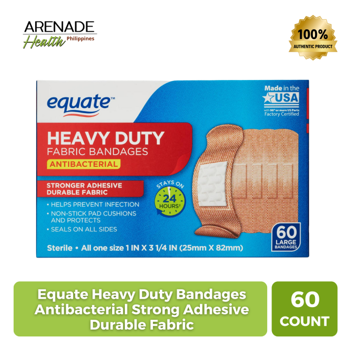 Equate Heavy Duty Bandages Antibacterial Strong Adhesive Durable Fabric 60 Bandages 1"x3 1/4