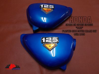 HONDA CB100 K3 CB125S "BLUE" PLASTIC SIDE COVER (LH&amp;RH) with LOGO (1 PAIR) // ฝากระเป๋าข้าง "สีน้ำเงิน" พร้อม โลโก้ สินค้าคุณภาพดี