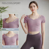 FEELCOOLSPORT ใหม่โยคะเสื้อผ้าสตรี Tights กับแผ่นหน้าอกกีฬาเสื้อแขนสั้นวิ่ง Slim Backless เสื้อยืดฟิตเนส Clothes