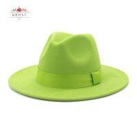 QBHAT Lime Green Solid Color Wool Felt Jazz Fedora Hats With Ribbon Band Women Men Wide Brim Panama Party Trilby Wedding Hat