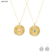 ANDYWEN New 925 Sterling Silver Gold Umbrella Coins Milk Turquoise Coins Pendant Long Chain Women Fashion Large Thick Jewelry