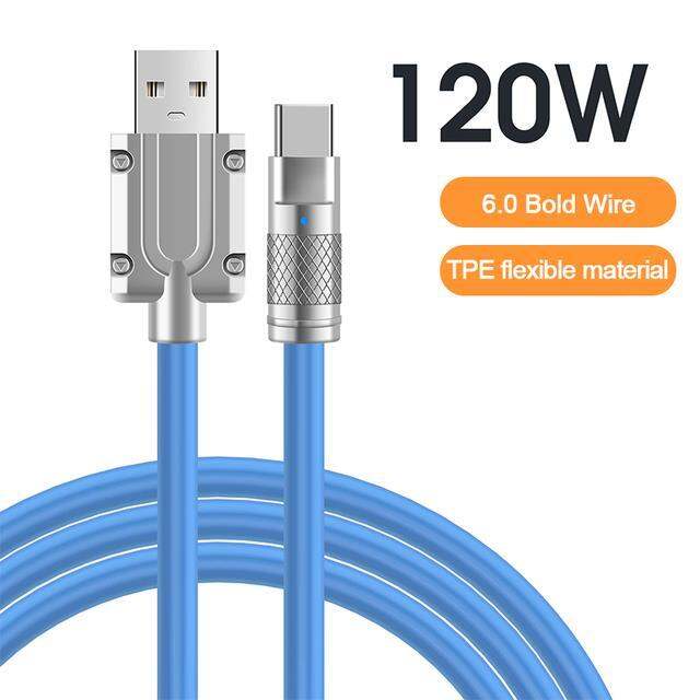 สายเคเบิลต่อโทรศัพท์6a-type-c-120w-ซิลิโคนเหลวชาร์จเร็วสุดสำหรับโทรศัพท์หนา6-0สายข้อมูลสีรุ้ง