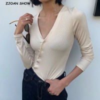 AA V neck Oblique Single-breasted Buttons Long sleeve Tee Elegant Women Tight t shirt Front Slit With stretch Knitwear