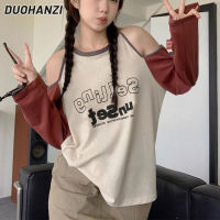 DUOHANZI เสื้อดีไซน์ใหม่หลวมและทันสมัยเสื้อถักแขนยาวพิมพ์ลายตัวอักษรเปิดไหล่ไม่ซ้ำใครและเก๋ไก๋