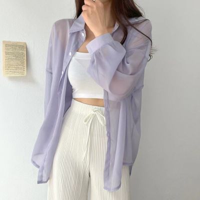 Korean temperament long sleeve thin sun-protection shirt womens new chiffon shirt coat office cardigan white top 2023
