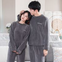 （ใหม่）ฤดูใบไม้ร่วงสีเทา ThickFleece ชุดนอนคู่2ชิ้นชุดหลวมผู้ชายอบอุ่น39; S Homewear แขนยาวผู้หญิงชุดนอนกับกางเกง