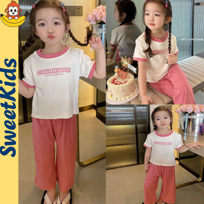 SweetKids พร้อมส่งจากกทม🌸เสื้อผ้าสาว🍓เสื้อผ้าเด็กผู้หญิง ชุดสูทเด็กผู้หญิงสไตล์เกาหลี เสื้อยืดแขนสั้นสีล้วน กางเกงลำลองแมทช์ลุคง่าย ชุดสองชิ้น