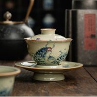 มือทาสีปลาเซรามิกเปิด Gaiwan สำหรับหม้ออบชา T Eaware ถ้วยชาจีนชาม Chawan ชา Ceramony ชุด