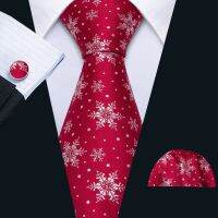 Christmas Men Tie Red White Snowflake Silk Necktie Pocket Square Cufflinks Set Gift Party Jingle Bells Elk Barry. Wang