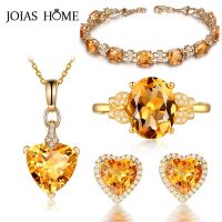 【lz】✚  JoiasHome-925 Sterling Silver Jewelry Sets para mulheres brincos anéis colar pulseiras pedras preciosas amarelas casamento clássico atacado