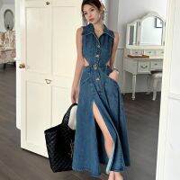 Cowboy blue hollowed-out waist dress female spring slim side waist high fork temperament medium-long skirt w9