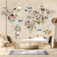 ❅❐ Custom Removable Optional Cartoon World Map Animal Contact Wall Papers Home Decor Wallpapers for Living Room Kids Bed Murals