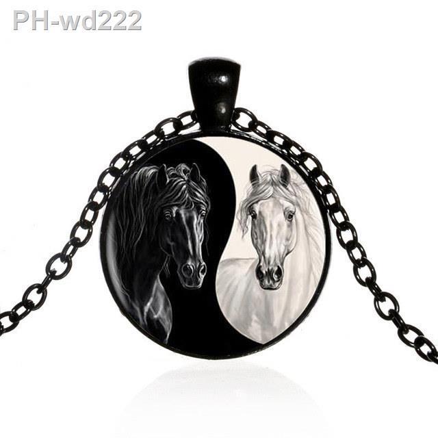yin-yang-horse-logo-cabochon-glass-photo-art-medallion-pendant-necklace-leather-chain-statement-handmade-necklace-for-women