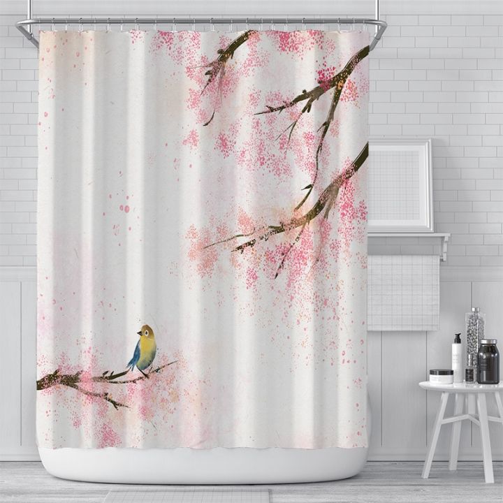 ม่านอาบน้ำลายดอกไม้สีชมพูผ้าม่านห้องน้ำสไตล์เอเชียญี่ปุ่นลายดอกซากุระบานม่านอาบน้ำกันน้ำพิมพ์ลาย3d