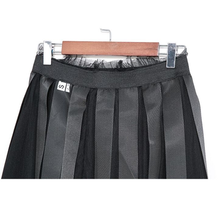 xitao-skirt-trendy-webbing-tassel-mesh-splicing-black-skirt