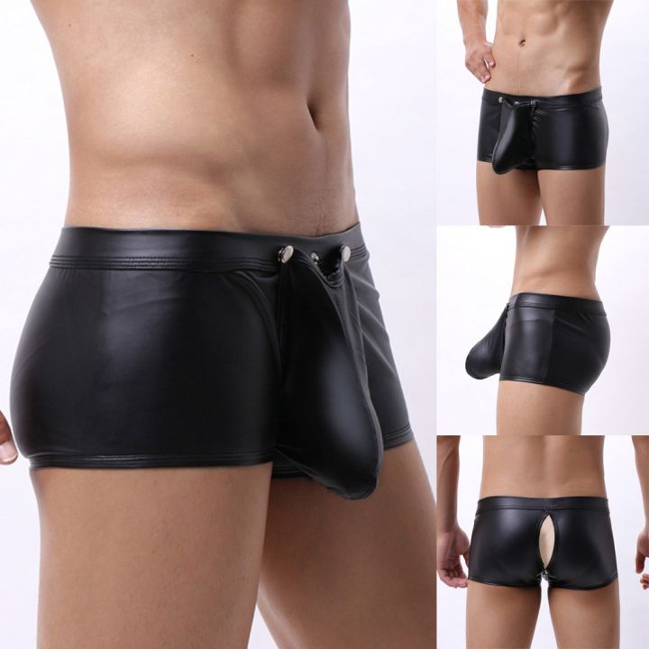 Men's Boxer Briefs Underwear for Men Sexy Low Waisted Opening Imitation Leather  Underwear Comfortable Underwear 